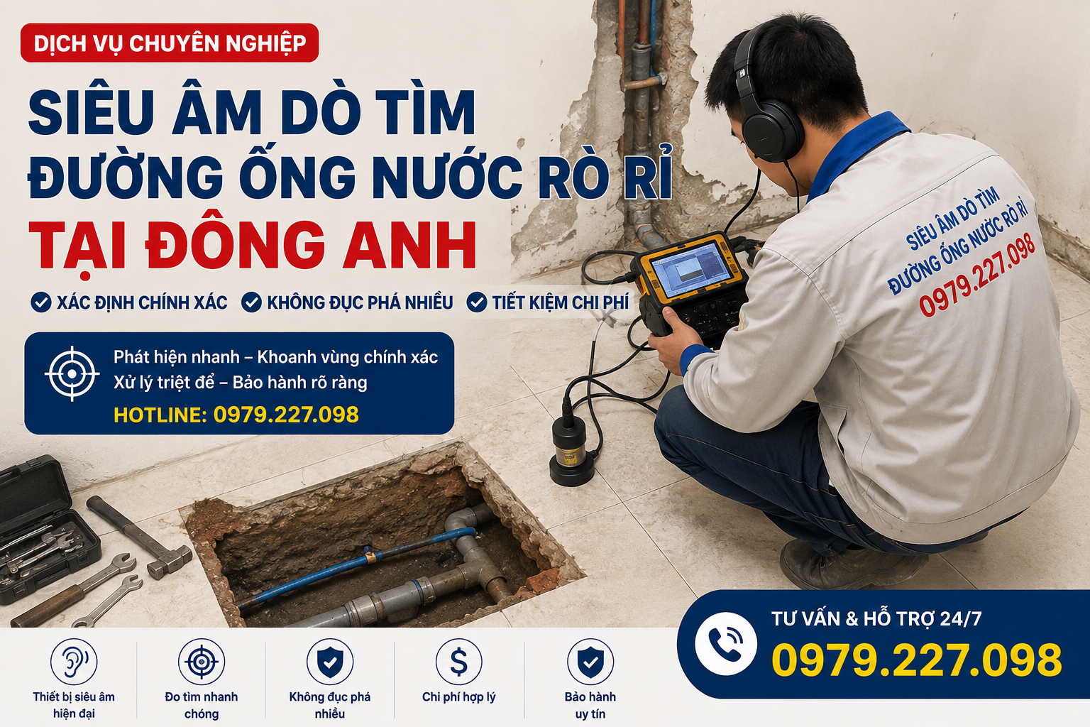 Siêu âm dò tìm đường ống nước rò rỉ tại Đông Anh